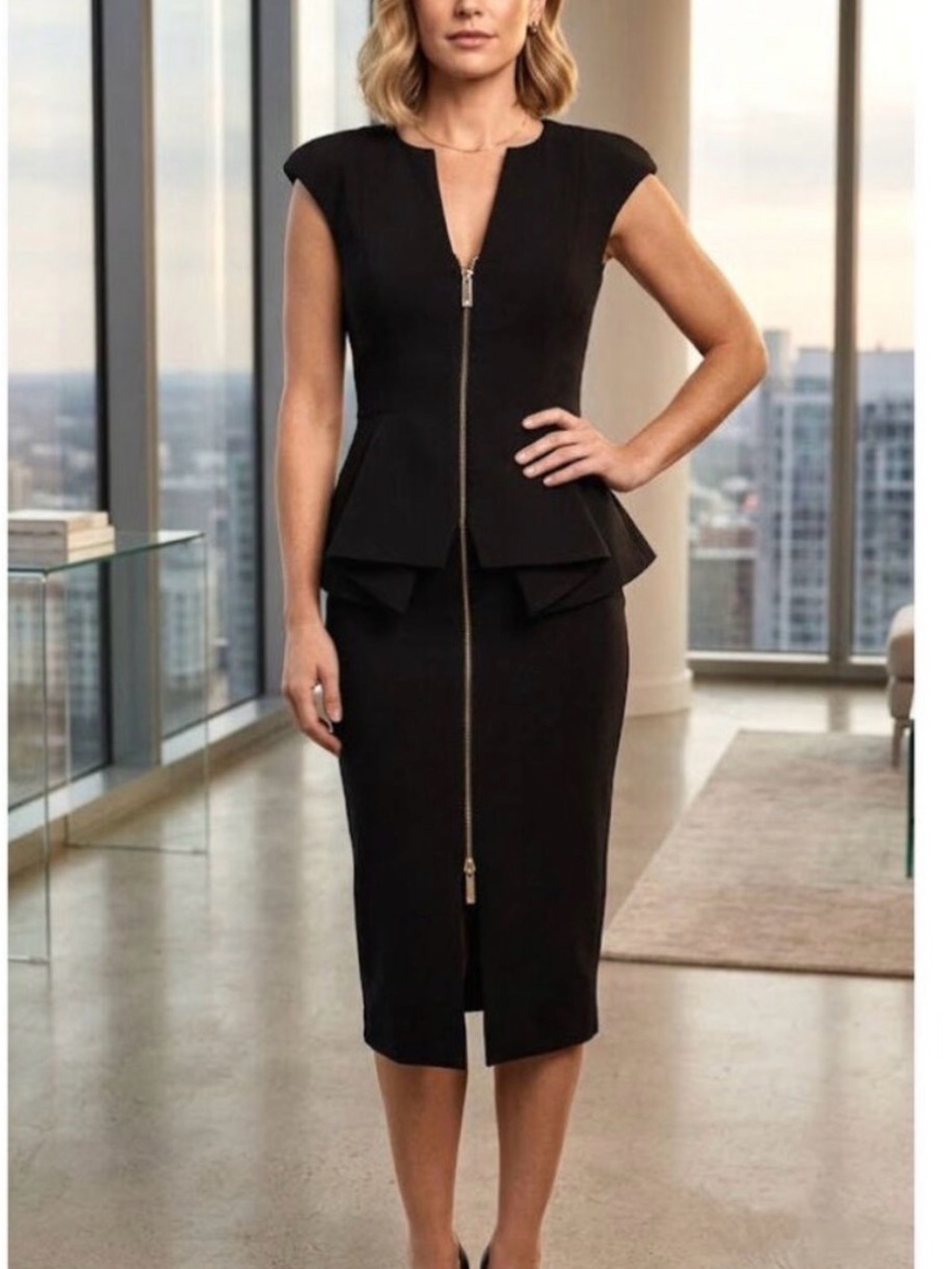 Chic Black Peplum Zip-Front Sheath Dress size 0